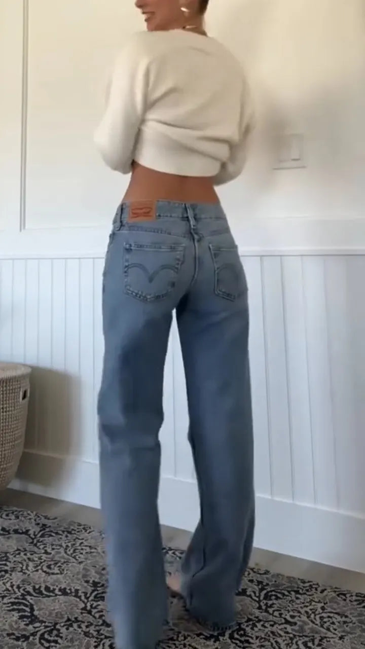 Women Round-neck Printed Top and Jeans Casual Set
