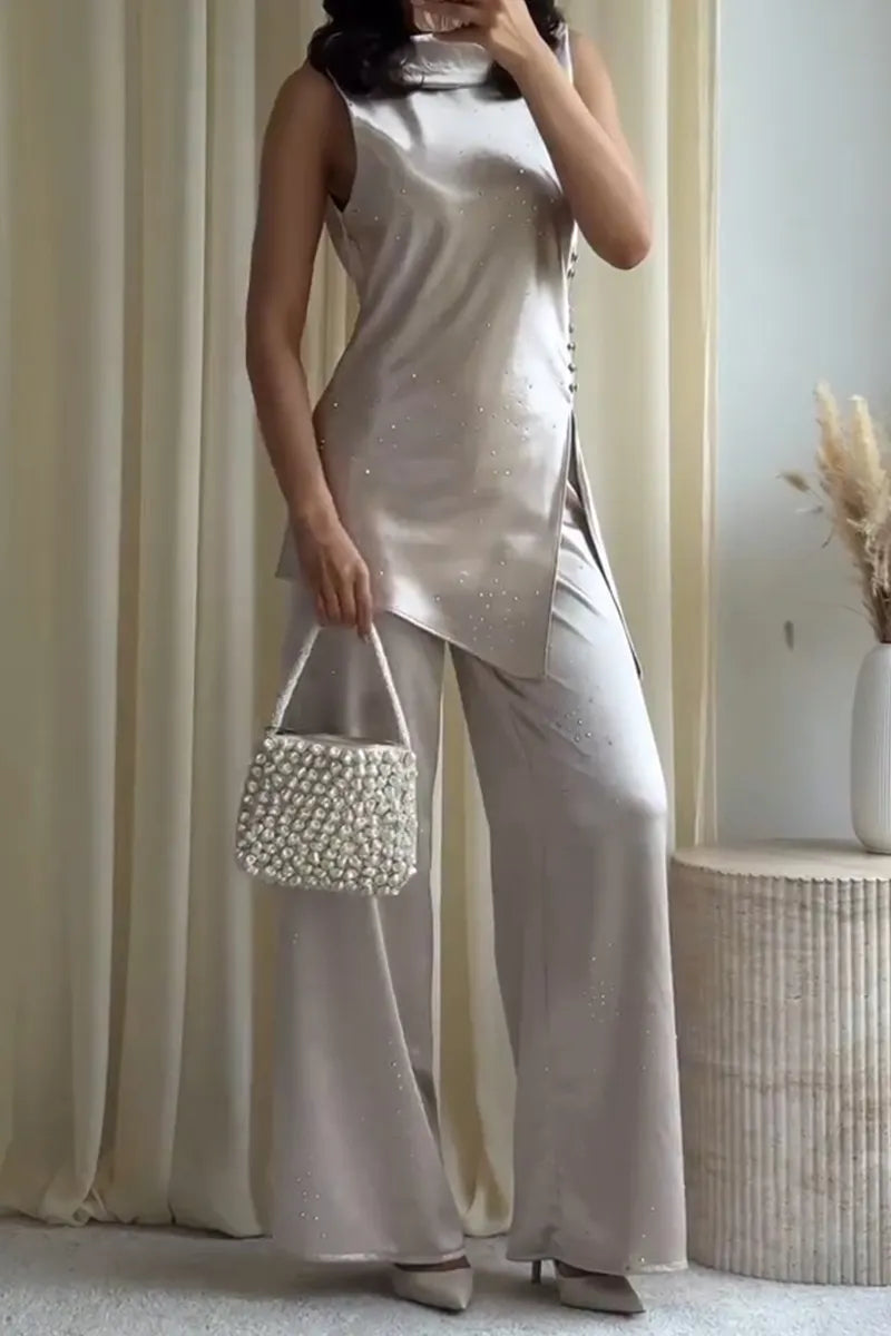 Women's Elegant Satin Rhinestone Vest Pants Set