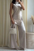 Women's Elegant Satin Rhinestone Vest Pants Set