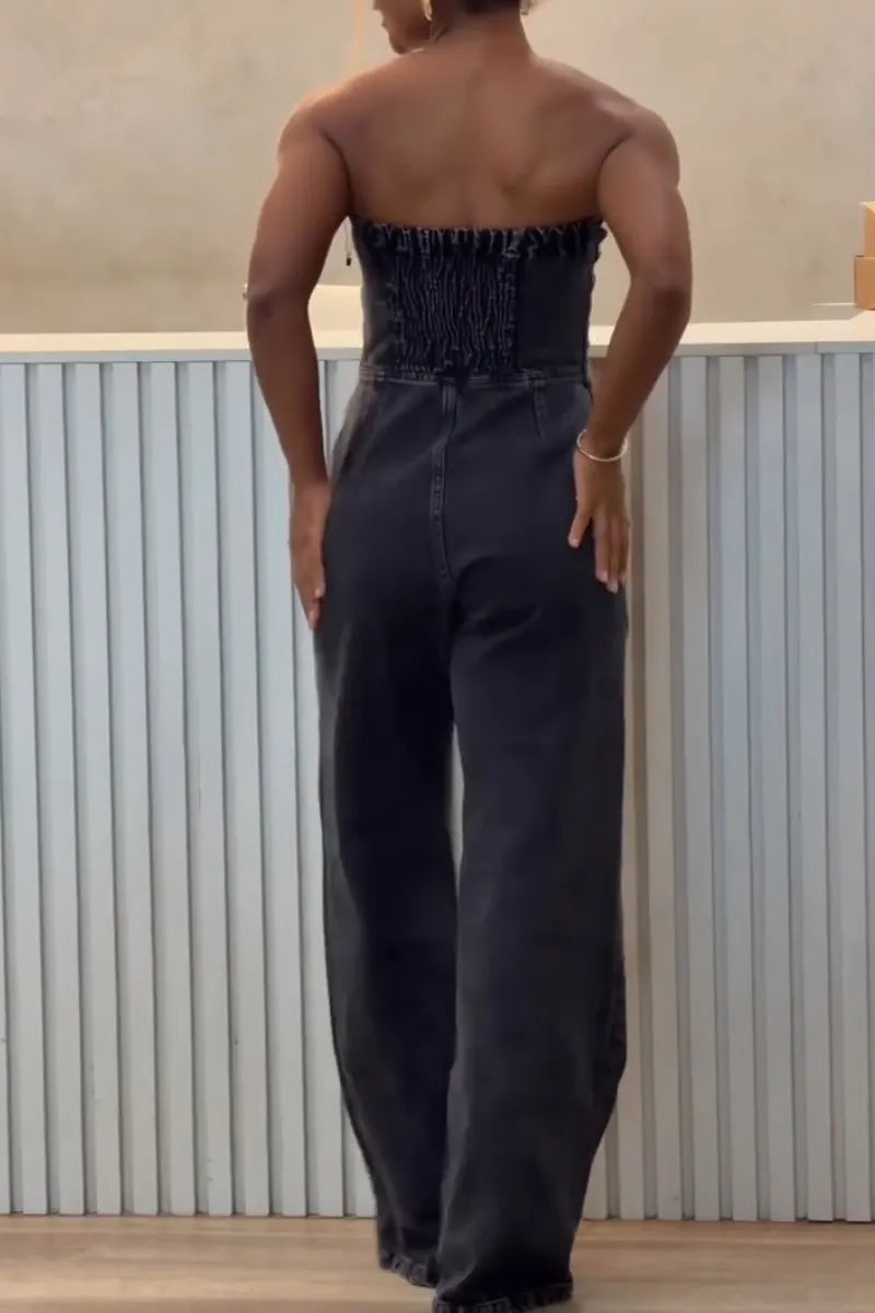 Women Strapless Patchwork Style Casual Denim Jumpsuit